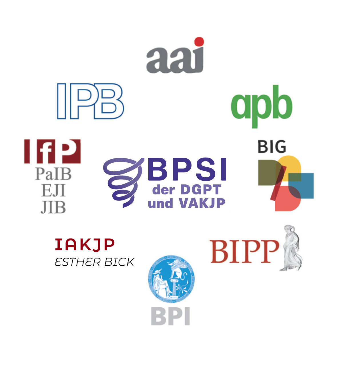 Auf dem Bild zu sehen sind die Logos der 11 Berliner psychologischen Institute der DGPT und VAKJP, kurz BPSI